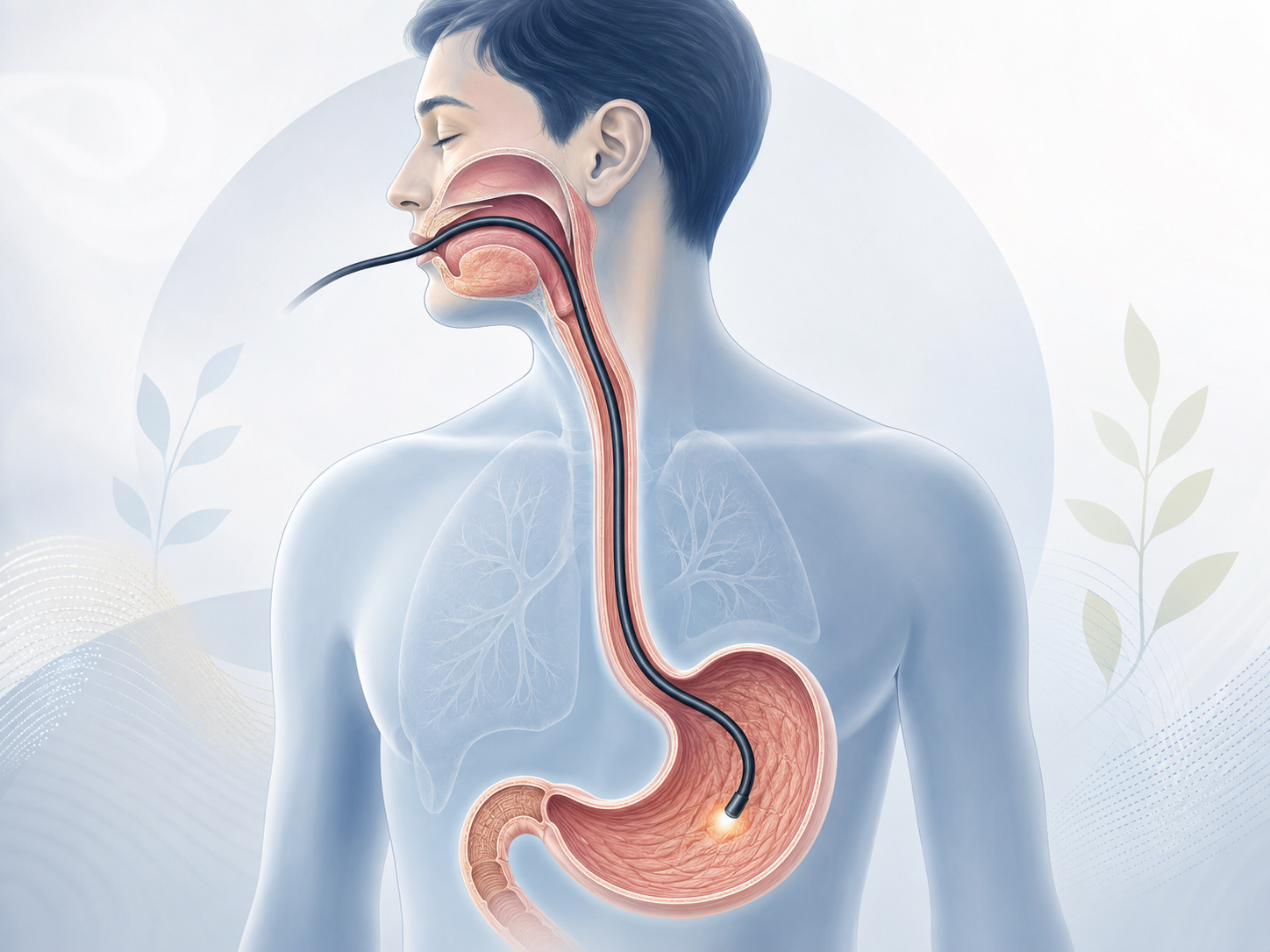 Ilustração educativa mostrando o trajeto da endoscopia pelo esôfago até o estômago e duodeno
