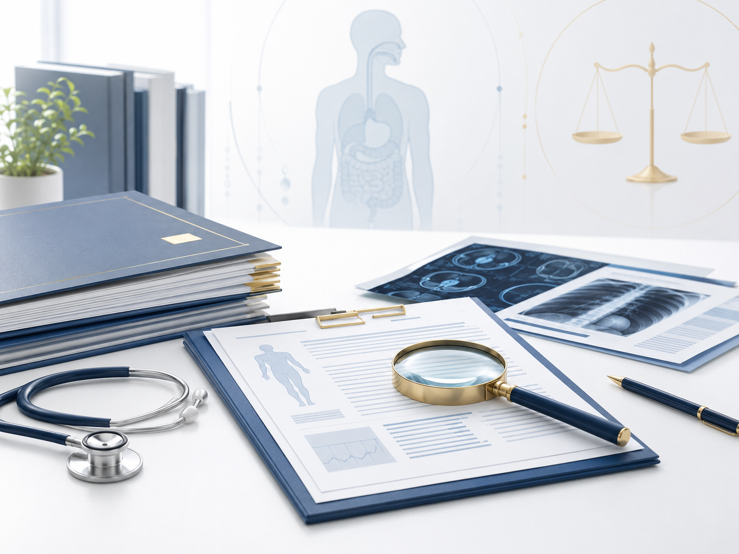Ilustração de perícia médica com prontuários, exames, lupa e elementos de análise técnica